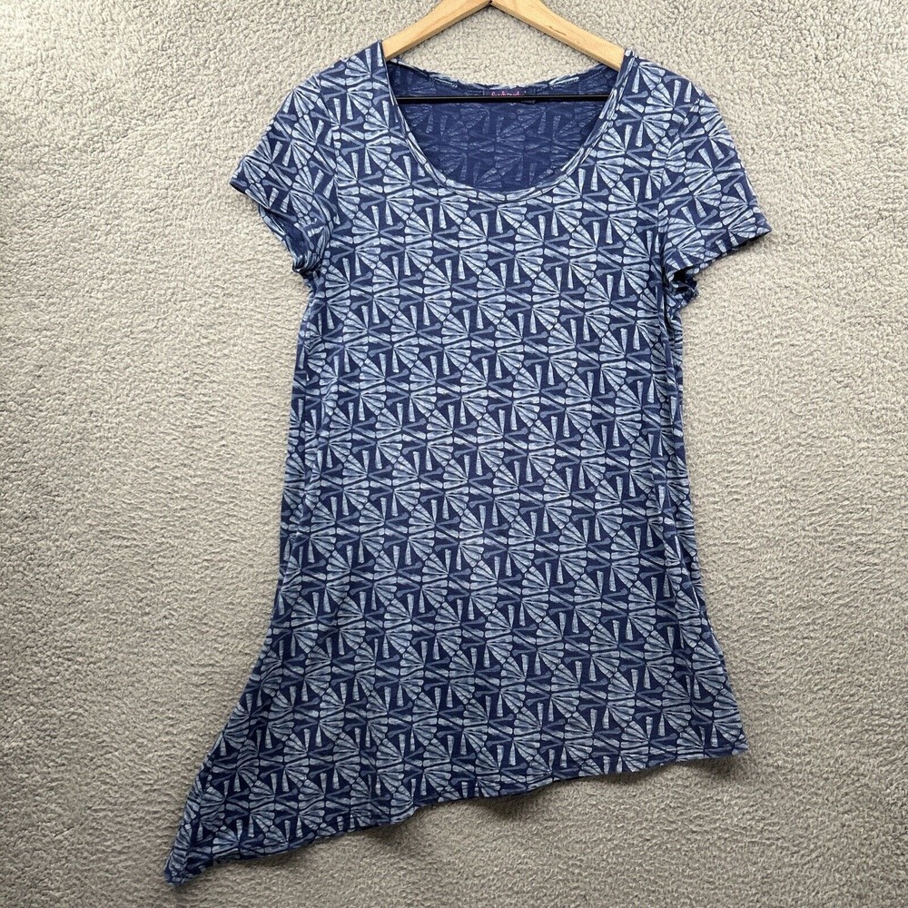 FRESH PRODUCE T Shirt S Blue Asymmetrical Hem Beach Summer Preppy Casual Floral